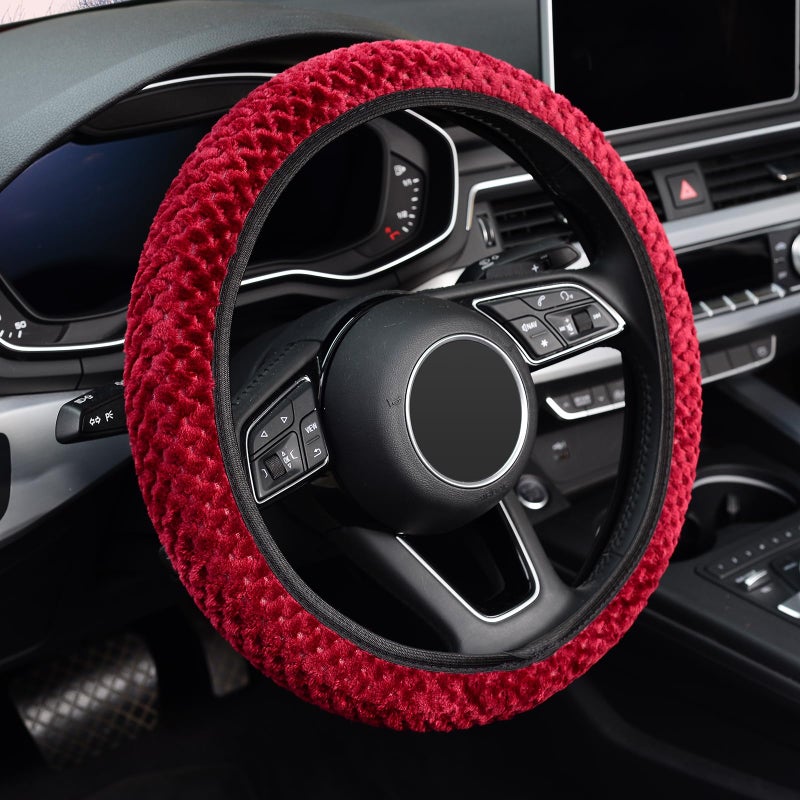 KAFEEK Elastic Short Microfiber Plush Steering Wheel Cover for Winter Warm, Universal 15 inch, Anti-Slip, Odorless, Wine Red - Image 1